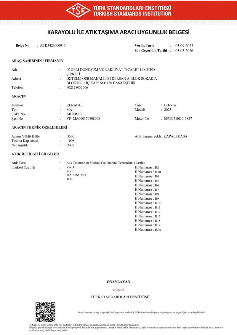 Karayolu ile Atık Taşıma Aracı Uygunluk Belgesi (Sayfa 1) (Belge No: ATK3423000945) - Katkısan Elektronik Atık