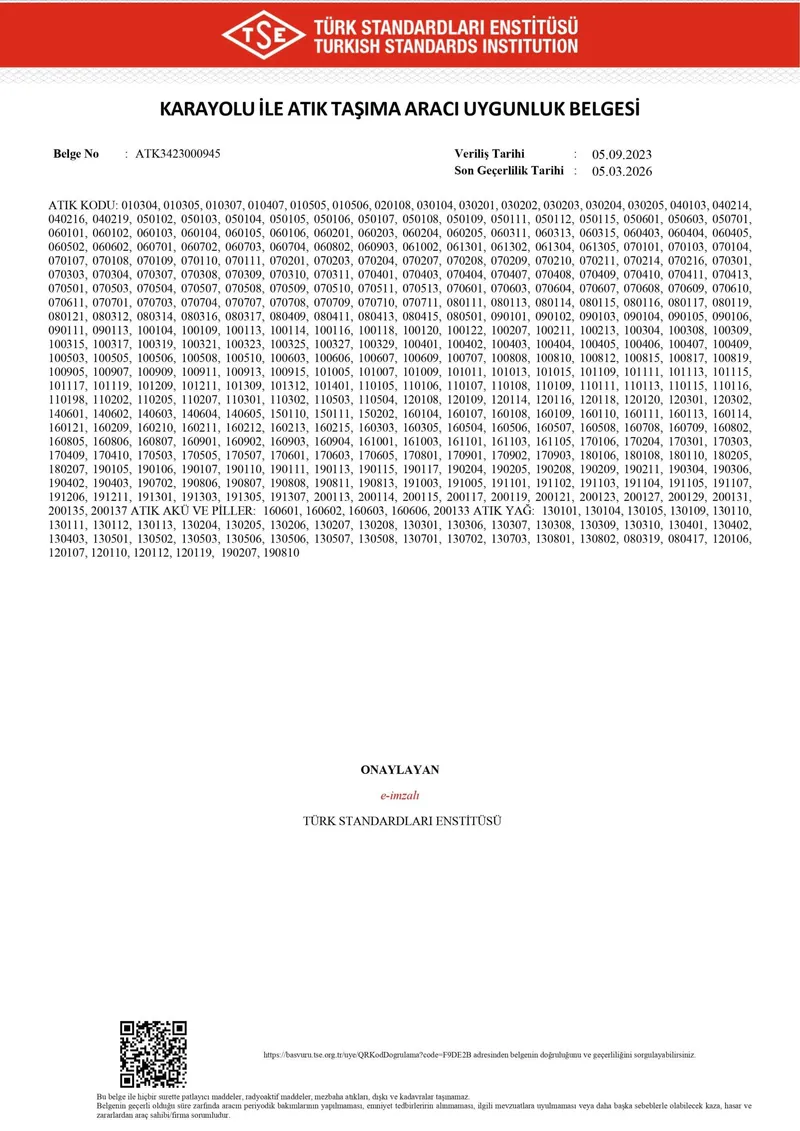 Karayolu ile Atık Taşıma Aracı Uygunluk Belgesi (Sayfa 2 - Atık Kodları) (Belge No: ATK3423000945 (Sayfa 2)) - Katkısan Elektronik Atık