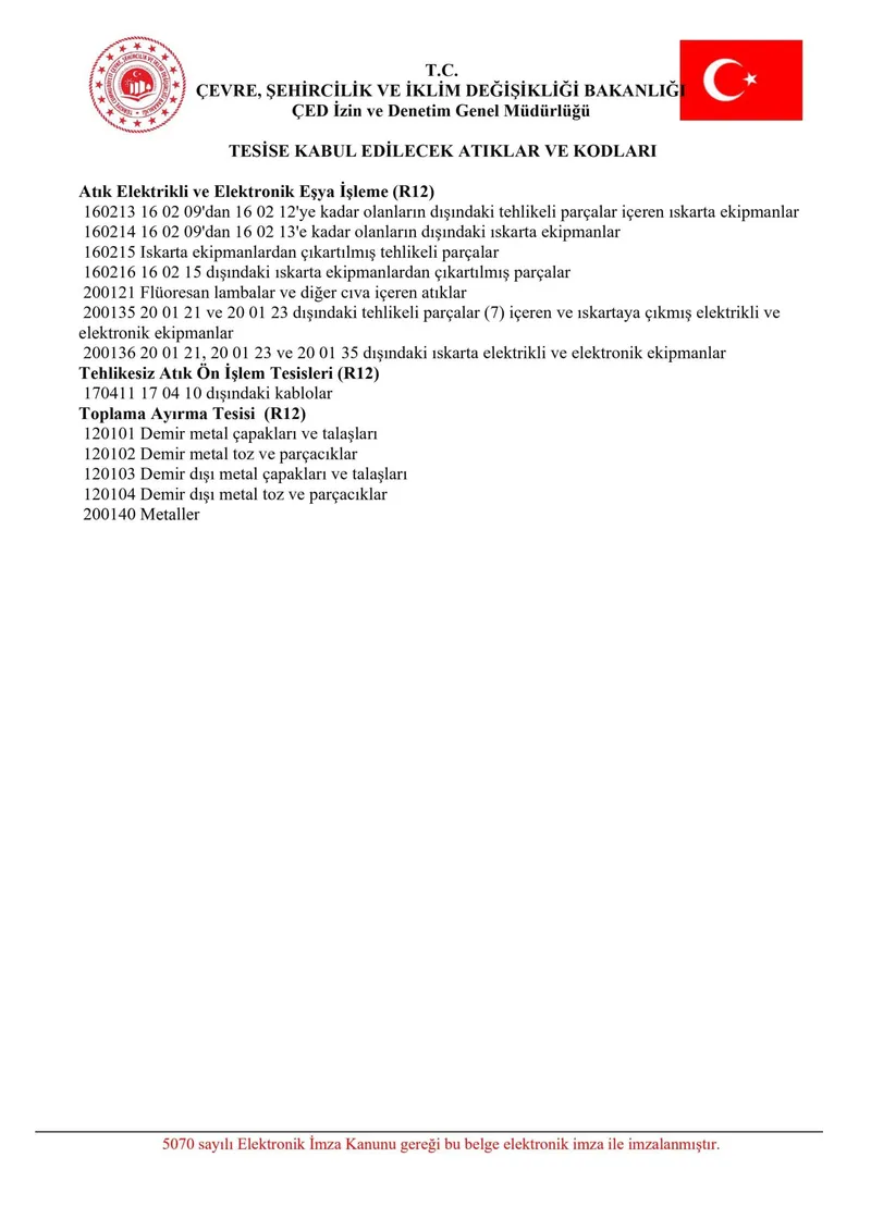 Katkısan Elektronik Atık T.C. Çevre Bakanlığı R12 Çevre İzin ve Lisans Belgesi Atık Kodları Listesi (İşletme No: 1150345 - Olur: 58003700-150/E.3166)