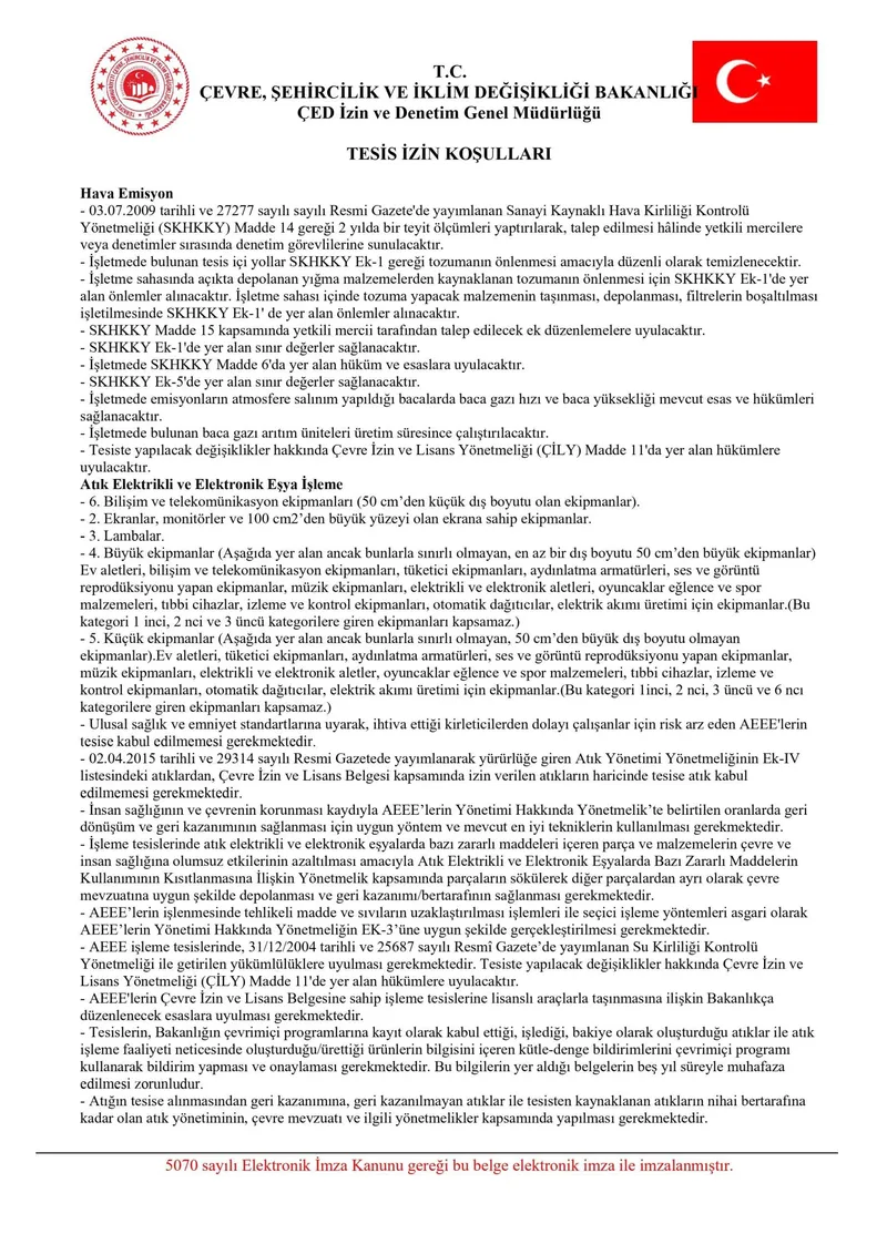 Çevre İzin ve Lisans Belgesi (Sayfa 3 - Tesis İzin Koşulları) (Belge No: 58003700-150/E.3166 (Ek-2/A)) - Katkısan Elektronik Atık