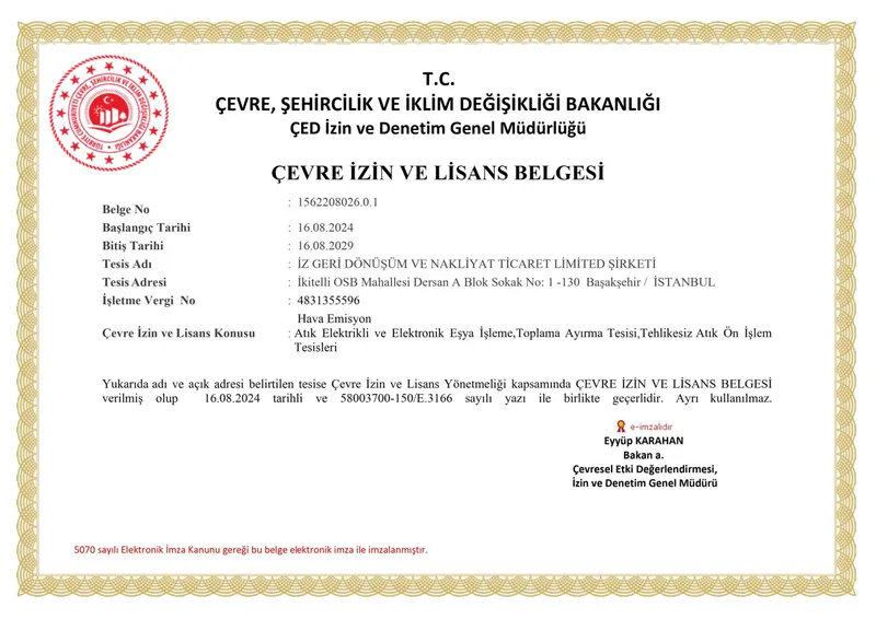 Çevre İzin ve Lisans Belgesi (AEEE İşleme & Geri Kazanım) (İşletme No: 1150345) - Katkısan Elektronik Atık
