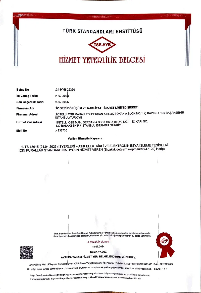 TSE Hizmet Yeterlilik Belgesi (TS 13615) (Belge No: 34-HYB-22350 (Sicil No: 4236735)) - Katkısan Elektronik Atık