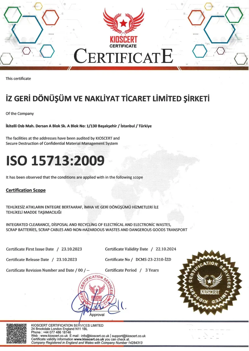 Katkısan Elektronik Atık ISO 15713:2009 Gizli Materyal ve Marka Ürün İmhası Sertifikası (Belge No: DCMS-23-2310-İZD)