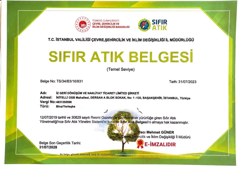 Sıfır Atık Belgesi (Temel Seviye) (Belge No: TS/34/B3/16/831) - Katkısan Elektronik Atık